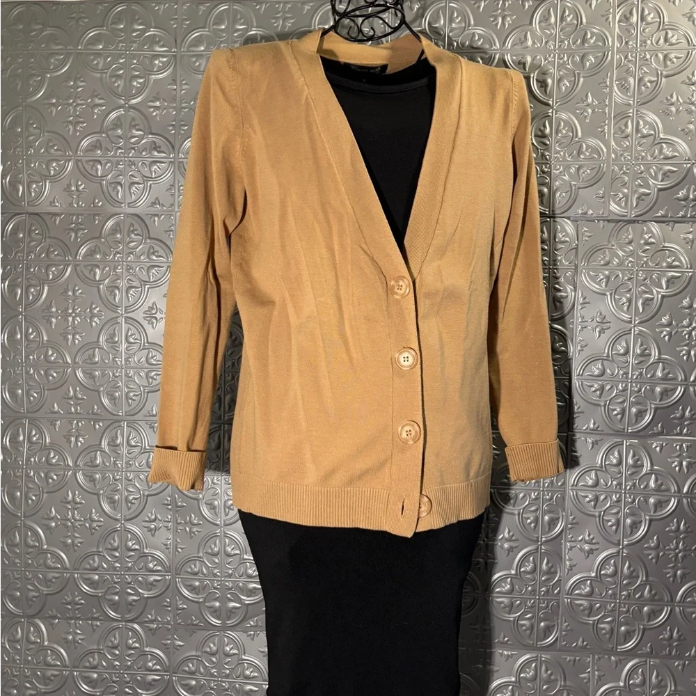 August Silk Carmel Tan Silk Blend Chunky Button Cardigan Sweater size large - Picture 5 of 7
